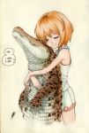  1girl animal blanc brown_hair choujigen_game_neptune crocodile crocodilian english highres hug hug_from_behind neptune_(series) short_hair smile traditional_media 