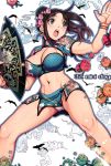  1girl bird bracelet breasts brown_hair chi-chi_(dragon_ball) chinese_clothes cleavage_cutout dated dragon_ball english fan flower folding_fan harumaki jewelry large_breasts long_hair midriff mini_day miniskirt navel open_mouth panties pantyshot skirt solo underwear upskirt 