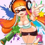  1girl ;) alternate_breast_size artist_name bangs bike_shorts blush breasts cleavage domino_mask fangs finger_gun headphones ink_tank inkling lowleg_shorts mask midriff navel one_eye_closed orange_eyes orange_hair paint_splatter pointy_ears shoes smile sneakers solo splatoon super_soaker tentacle_hair trigger_discipline yagi_hikaru 