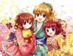  3girls :d bangs beads blonde_hair blue_eyes blunt_bangs bow brown_hair butterfly floral_background floral_print flower frilled_kimono frills hair_bobbles hair_bow hair_flower hair_ornament hand_on_another&#039;s_shoulder holding_stuffed_animal japanese_clothes kikumon kimono kimono_skirt lace_trim looking_at_viewer maekawa_suu multiple_girls obi object_hug open_mouth ponytail print_bow redhead ribbon_trim sakutarou sash scarf smile stuffed_animal stuffed_lion stuffed_toy two_side_up umineko_no_naku_koro_ni ushiromiya_ange ushiromiya_jessica ushiromiya_maria wide_sleeves younger 