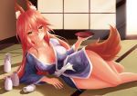  ahsiu alcohol animal_ears blush bottle breasts caster_(fate/extra) cleavage collarbone fate/extra fate/grand_order fate_(series) fox_ears fox_tail japanese_clothes large_breasts looking_at_viewer lying on_side pink_hair sake_bottle sweat tail yellow_eyes 