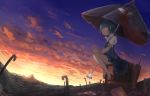  1girl blue_eyes blue_hair blue_skirt blue_vest clouds evening geta heterochromia highres horizon karakasa_obake legs looking_afar mifuru mountain night night_sky orange_sky red_eyes scenery shirt sitting skirt sky solo sunset tatara_kogasa thighs tongue touhou umbrella white_shirt 