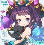  &gt;:) 1girl bangs blue_eyes gloves hat holding_stuffed_animal hug long_hair looking_at_viewer marshmallow_mille purple_hair sleeveless slime solo sparkling_eyes stuffed_animal stuffed_toy swept_bangs tapir twitter_username two_side_up wings 