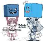  /\/\/\ 1boy 1girl :&lt; ankle_boots axe bag block boots cape carrying circlet copyright_name dragon_quest dragon_quest_builders dragon_quest_monsters_plus dress hammer hero_(dqb) jitome marumo messenger_bag partially_colored rockbomb shoulder_bag slime_(dragon_quest) strapless strapless_dress sweatdrop twintails weapon yoshizaki_mine 