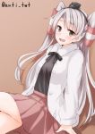 1girl amatsukaze_(kantai_collection) anti_(untea9) blush casual commentary_request hair_tubes hat highres jacket kantai_collection long_hair looking_at_viewer open_mouth silver_hair sitting skirt smile solo twitter_username two_side_up windsock 