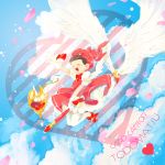  2boys blue_sky bow brown_hair cardcaptor_sakura closed_eyes clouds clow_card crossdressinging fuuin_no_tsue glove_bow gloves gyuunyuu_(amaebitmg) heart heart_in_mouth kero kinomoto_sakura kinomoto_sakura_(cosplay) magical_girl matsuno_juushimatsu matsuno_todomatsu multiple_boys osomatsu-kun osomatsu-san petals sky title_parody wall-eyed wand white_gloves 