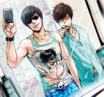  2boys bathroom black_hair brothers brushing_teeth cellphone denim dutch_angle gold_chain jeans male_focus matsuno_karamatsu matsuno_osomatsu messy_hair mirror multiple_boys osomatsu-kun osomatsu-san pajamas pants phone self_shot siblings smartphone sunglasses tank_top toothbrush toothbrush_in_mouth 