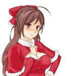  1girl alternate_costume blush breasts brown_hair christmas cleavage hair_ribbon index_finger_raised kantai_collection long_hair looking_at_viewer mamiya_(kantai_collection) red_eyes ribbon santa_costume simple_background solo tomo_(tomojo_8) 