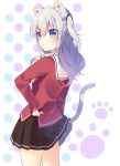  1girl animal_ears blue_eyes cat_ears cat_tail charlotte_(anime) commentary_request highres long_hair mafuyu_(chibi21) pleated_skirt school_uniform serafuku silver_hair skirt solo tail tomori_nao two_side_up 