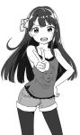  1girl hand_on_hip long_hair looking_at_viewer monochrome open_mouth pantyhose simple_background smile solo v white_background zaxwu 