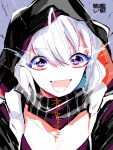  1girl :d ahoge commentary_request fang hood hoodie kan kantai_collection open_mouth pink_eyes re-class_battleship scarf shinkaisei-kan smile translation_request upper_body white_hair 