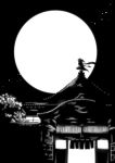  1girl architecture comic east_asian_architecture kaga3chi kantai_collection light monochrome moon night night_sky noren remodel_(kantai_collection) scarf sendai_(kantai_collection) silhouette sky solo star_(sky) starry_sky tagme translation_request tree two_side_up window 