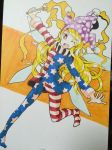  1girl aioi_aoi american_flag_legwear american_flag_shirt bangs blonde_hair clownpiece collar eyebrows fairy_wings fire frilled_collar frills hat jester_cap long_hair looking_at_viewer one_eye_closed open_mouth pantyhose polka_dot red_eyes solo teeth torch touhou very_long_hair wings 