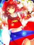  1girl ascot bare_shoulders bow brown_eyes brown_hair detached_sleeves flower hair_bow hair_tubes hakurei_reimu lily_(flower) matryoshka_(borscht) navel solo touhou 