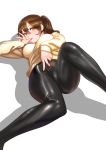  1girl absurdres blush breasts brown_eyes brown_hair finger_licking highres kaga_(kantai_collection) kantai_collection leather leather_pants licking looking_at_viewer lying on_back pants side_ponytail solo sweater zymv587 
