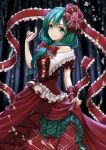  1girl arm_ribbon bow collarbone cowboy_shot dress dtvisu frilled_dress frills front_ponytail green_eyes green_hair hair_bow hair_ribbon highres kagiyama_hina long_hair long_skirt red_dress ribbon skirt skirt_hold small_breasts smile solo touhou 