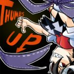  1girl arm_across_waist black_background black_hair directional_arrow dress english kagehito kijin_seija looking_at_viewer multicolored_hair red_eyes redhead sharp_teeth short_sleeves simple_background solo streaked_hair teeth thumbs_up touhou upside-down white_dress white_hair wristband 
