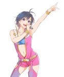  1girl antenna_hair artist_request bare_shoulders belt black_hair center_opening idolmaster kikuchi_makoto microphone navel open_mouth outstretched_arm pink_diamond_765 short_hair simple_background singing solo standing star violet_eyes white_background wrist_cuffs 