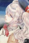  1girl colored_pencil_(medium) cravat epaulettes eyelashes face hat highres kantai_collection kashima_(kantai_collection) lavender_hair parted_lips red_ribbon ribbon serious side_glance sidelocks silver_hair solo tesun_(g_noh) traditional_media upper_body violet_eyes 