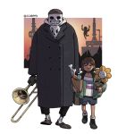  2boys androgynous bag chara_(undertale) flower_pot flowey_(undertale) frisk_(undertale) human_tower instrument jewelry knife letterman_jacket multiple_boys necklace papyrus_(undertale) sans shirt shopping_bag silhouette skeleton stacking striped striped_shirt trench_coat trombone twitter_username undertale 