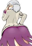  1girl ass braid brown_jacket dress embarrassed french_braid hand_on_hip hand_on_own_face huge_ass kagehito kishin_sagume long_sleeves looking_back looking_down open_mouth purple_dress red_eyes short_dress silver_hair simple_background thighs touhou white_background 