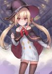  1girl bare_shoulders black_legwear blonde_hair blush cape dress long_hair meto31 original red_eyes solo thigh-highs twintails wand witch witch_hair 