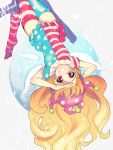  1girl alternate_legwear american_flag_legwear american_flag_shirt blonde_hair cheong_ha clownpiece collar fairy_wings frilled_collar frills from_above hat jester_cap long_hair looking_at_viewer lying on_back polka_dot red_eyes shirt short_sleeves solo thigh-highs touhou upside-down very_long_hair wings 