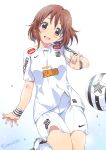  1girl :d ball blush brown_eyes brown_hair clouds dated hagiwara_yukiho highres idolmaster inoue_sora lens_flare looking_at_viewer nike no_panties open_mouth santos_fc short_hair short_sleeves shorts smile soccer soccer_ball soccer_uniform solo sportswear twitter_username white_legwear wristband 