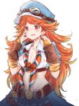  1girl belt blush breasts cleavage fingerless_gloves gloves goggles goggles_on_hat granblue_fantasy hat long_hair mary_(granblue_fantasy) messy_hair midriff nishimura_nike open_mouth orange_hair red_eyes shirt skirt smile solo tears tied_shirt 