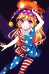  1girl american_flag_legwear american_flag_shirt blonde_hair blush clownpiece fairy_wings fire grin hat highres jester_cap long_hair looking_at_viewer ougi_hina pantyhose polka_dot short_sleeves smile solo sparkle teeth torch touhou violet_eyes wings 