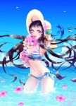  1girl armlet bikini bird black_hair blue_bikini breasts cleavage clouds female flower frilled_bikini frills hand_on_headwear hat hat_flower hat_ribbon lemeiet_(sablecat) long_hair looking_at_viewer ocean original partially_submerged ribbon seagull sky smile solo striped striped_bikini swimsuit very_long_hair violet_eyes water wet 