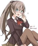  1girl ascot bespectacled blue_eyes brown_hair brown_legwear brown_skirt glasses hair_ornament hairclip kantai_collection kumano_(kantai_collection) long_hair looking_at_viewer open_mouth ponytail riz_(ravel_dc) school_uniform skirt solo twitter_username 