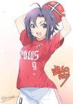  1girl ahoge arms_up ball black_hair blush clothes_writing highres idolmaster inoue_sora j._league kikuchi_makoto looking_at_viewer nike open_mouth short_hair shorts signature smile soccer soccer_ball soccer_uniform solo sportswear twitter_username urawa_red_diamonds violet_eyes 