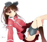  1girl arm_support artist_name blush brown_eyes brown_hair brown_legwear closed_mouth collared_shirt highres jacket jewelry kantai_collection knee_up kneehighs leaning_back leg_up long_hair long_sleeves looking_at_viewer magatama necklace pendant pleated_skirt red_jacket red_skirt ryuujou_(kantai_collection) shirt signature sitting skirt sleeve_cuffs smile solo tareme tbd11 thigh_strap upskirt visor_cap white_shirt 