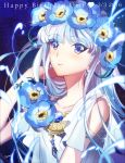  1girl 2016 armlet bangs blue blue_background blue_eyes blue_flower blue_hair character_name closed_mouth collarbone dated earrings english eyebrows eyebrows_visible_through_hair female flower flower_request flower_wreath gem hair_flip hair_flower hair_ornament happy_birthday head_wreath iyutani jewelry long_hair looking_at_viewer magic_knight_rayearth motion_blur necklace pink_lips ryuuzaki_umi signature smile solo sparkle upper_body water wreath 