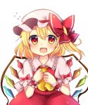  1girl :d blonde_hair fang flandre_scarlet flying_sweatdrops hat mob_cap open_mouth puffy_short_sleeves puffy_sleeves red_eyes ruhika short_sleeves skirt smile touhou vest wings 