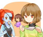  androgynous blue_skin brown_hair chara_(undertale) eating eyepatch frisk_(undertale) head_fins knife looking_at_viewer misha_(hoongju) polearm red_eyes shirt spear spoilers stick striped striped_shirt tank_top undertale undyne weapon yellow_sclera 