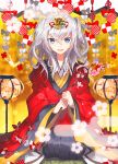  1girl alternate_costume blue_eyes branch flower hair_ornament highres holding holding_branch japanese_clothes kantai_collection kashima_(kantai_collection) kimono lamp long_hair long_sleeves looking_at_viewer open_mouth ribbon seiza sidelocks silver_hair sitting smile solo tsurime twintails wavy_hair wide_sleeves yakusuke 