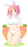  1girl animal_ears bare_shoulders blush breasts carrot gloves highres ichi_makoto large_breasts long_hair looking_at_viewer midriff mikakunin_de_shinkoukei navel open_mouth paw_gloves pink_hair rabbit_ears short_hair simple_background smile solo thighs twintails two_side_up violet_eyes white_background white_gloves yonomori_kobeni 