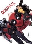  1girl 2boys action_figure black_hair bodysuit character_name colossus_(x-men) deadpool deadpool_(movie) from_above highres holding level-00 marvel mask metal_skin multiple_boys negasonic_teenage_warhead severed_limb shaved_head signature superhero x-men 