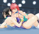  2girls black_hair blush boots breasts cleavage grey_eyes hand_on_another&#039;s_head leotard long_hair lying_on_person mighty_yukiko minami_toshimi multiple_girls pink_hair short_hair smile sweat tomjpn wrestle_angels wrestle_angels_survivor wrestling_outfit wrestling_ring yuri 