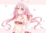  1girl bare_shoulders bikini blush breasts guilty_crown hair_ornament hairclip heart heart-shaped_pupils highres looking_at_viewer midriff navel pink_hair red_eyes sarina_(tosiyukiryousuke) smile solo swimsuit symbol-shaped_pupils twintails yuzuriha_inori 