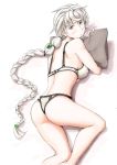  1girl alternate_costume asymmetrical_hair bikini blush braid embarrassed from_behind highres kantai_collection long_hair looking_at_viewer lying midriff object_hug on_stomach pillow pillow_hug silver_hair single_braid swimsuit unryuu_(kantai_collection) vent_arbre very_long_hair white_bikini white_swimsuit yellow_eyes 