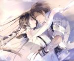  2boys brown_hair crying dress finger_to_mouth highres hug long_hair multiple_boys papillon10 ponytail short_hair 