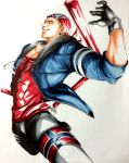  1boy absurdres artist_request bandana billy_kane blonde_hair blue_eyes british earrings fatal_fury fingerless_gloves gloves highres hood hoodie jacket jewelry male_focus muscle short_hair snk solo staff the_king_of_fighters three_section_staff union_jack weapon 