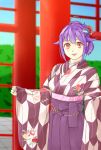  1girl ahoge alternate_costume alternate_hairstyle flower hair_flaps hair_flower hair_ornament highres japanese_clothes kantai_collection kimono looking_at_viewer open_mouth purple_hair smile solo taigei_(kantai_collection) tomo_(tomojo_8) whale_hair_ornament 