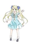  1girl blonde_hair dress flat_chest full_body green_eyes hair_ribbon loose_socks mizutama ribbon socks solo twintails uq_holder! yukihiro_mizore 