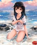  absurdres ahoge black_hair breasts covering covering_breasts highres kantai_collection large_breasts maki_(maki_pei) ocean rock school_uniform serafuku skirt skirt_removed ushio_(kantai_collection) water wet wet_clothes 