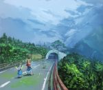  2girls barefoot blue_dress blue_eyes blue_skirt blue_vest bow cirno clouds daiyousei day dress fairy fairy_wings grass green_hair hair_bow hands_together heiya ice ice_wings lamppost multiple_girls nature playing ribbon road scenery short_hair side_ponytail skirt skirt_set touhou traffic_cone tree tunnel wings 