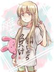  1girl adjusting_hair arm_up bangs bike_shorts blonde_hair clothes_writing futaba_anzu hair_tie holding idolmaster idolmaster_cinderella_girls long_hair maruhachi neet rabbit shiny shiny_hair shirt solo striped striped_bike_shorts stuffed_animal stuffed_bunny stuffed_toy t-shirt you_work_you_lose 